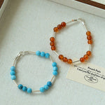 Silver Tube Red Elastic Beaded Bracelet with Garnet & Blue Aventurine - floysun