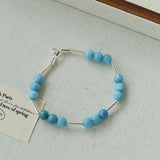 Silver Tube Red Elastic Beaded Bracelet with Garnet & Blue Aventurine - floysun