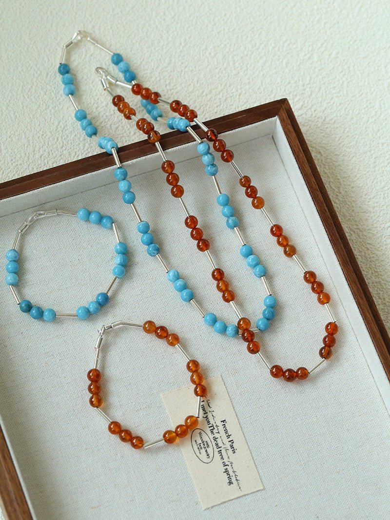 Silver Tube Red Elastic Beaded Necklace with Garnet & Blue Aventurine - floysun