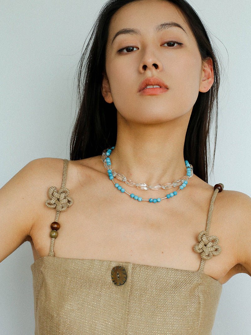 Silver Tube Red Elastic Beaded Necklace with Garnet & Blue Aventurine - floysun