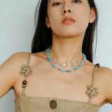 Silver Tube Red Elastic Beaded Necklace with Garnet & Blue Aventurine - floysun