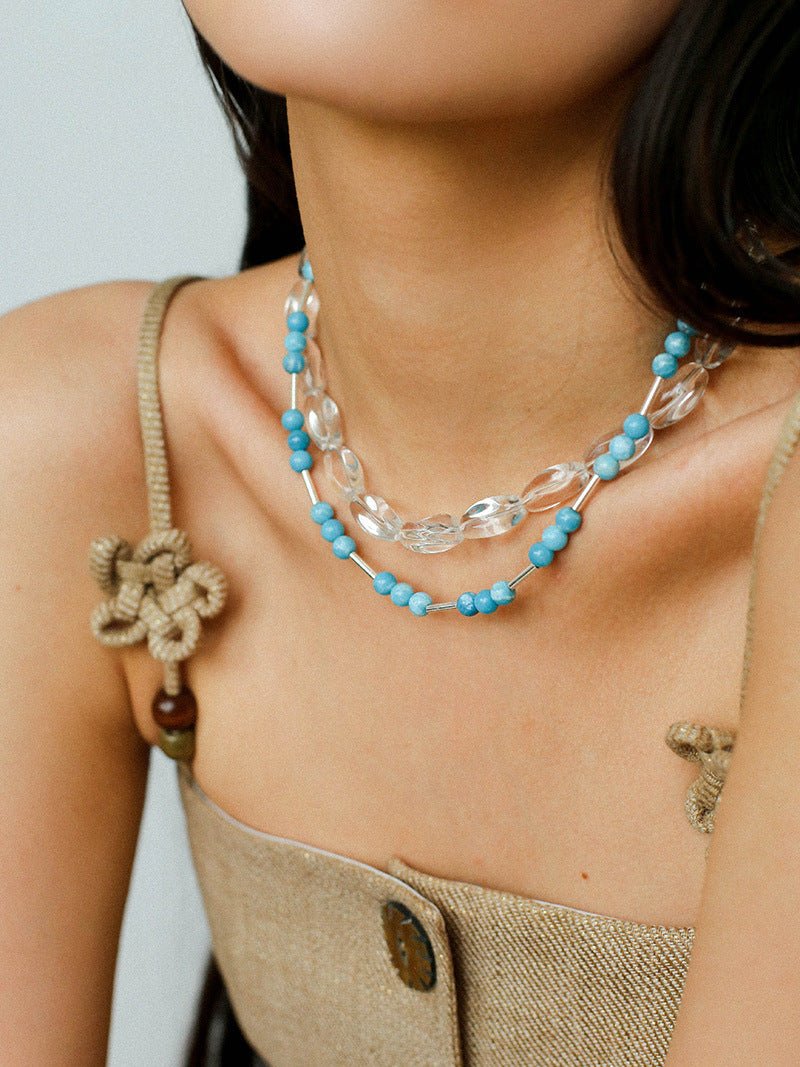 Silver Tube Red Elastic Beaded Necklace with Garnet & Blue Aventurine - floysun