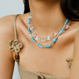 Silver Tube Red Elastic Beaded Necklace with Garnet & Blue Aventurine - floysun