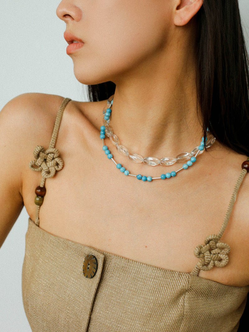 Silver Tube Red Elastic Beaded Necklace with Garnet & Blue Aventurine - floysun