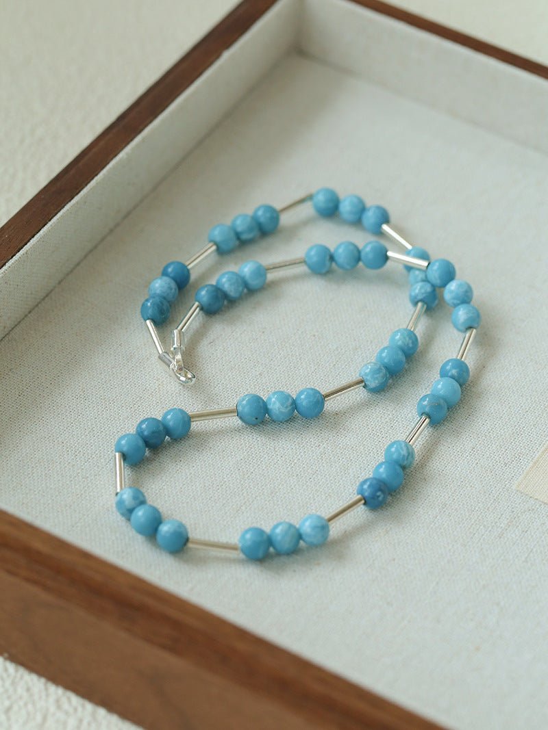 Silver Tube Red Elastic Beaded Necklace with Garnet & Blue Aventurine - floysun