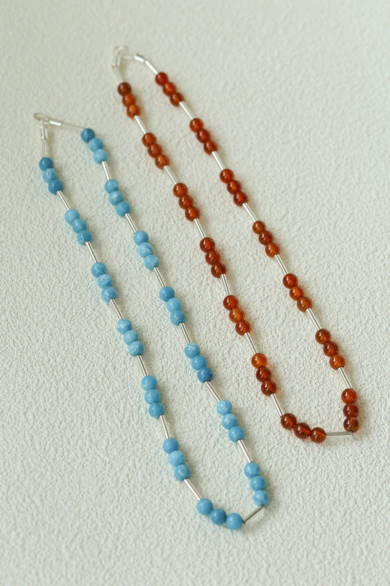 Silver Tube Red Elastic Beaded Necklace with Garnet & Blue Aventurine - floysun