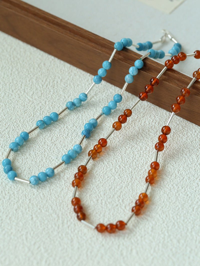 Silver Tube Red Elastic Beaded Necklace with Garnet & Blue Aventurine - floysun