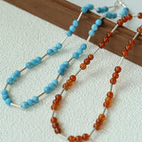Silver Tube Red Elastic Beaded Necklace with Garnet & Blue Aventurine - floysun