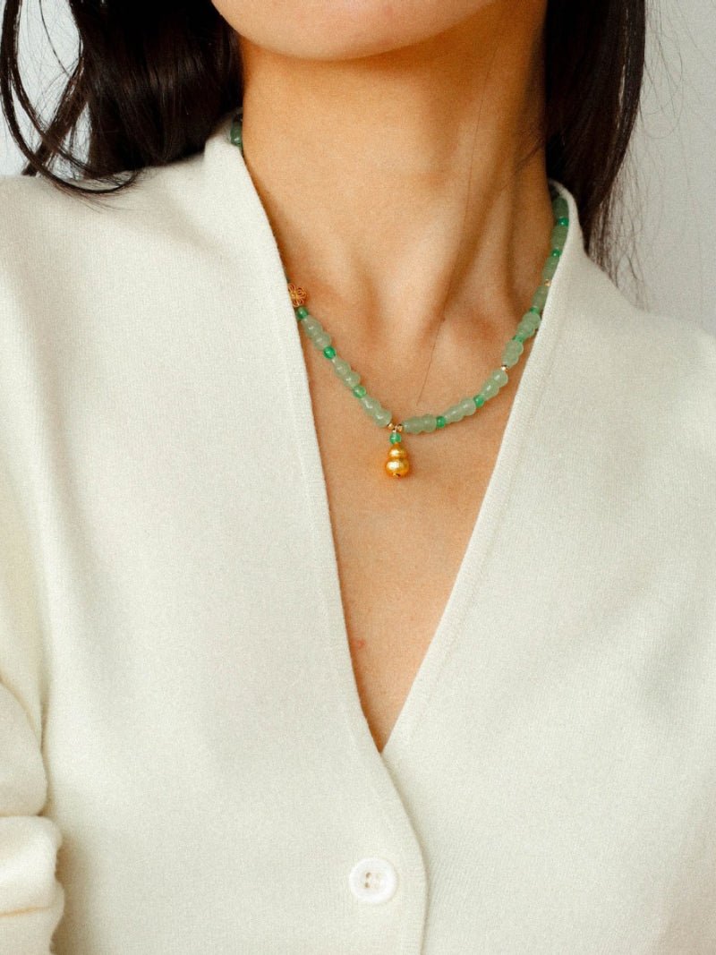 Simple Small Gourd Pendant Aventurine Beaded Necklace - floysun