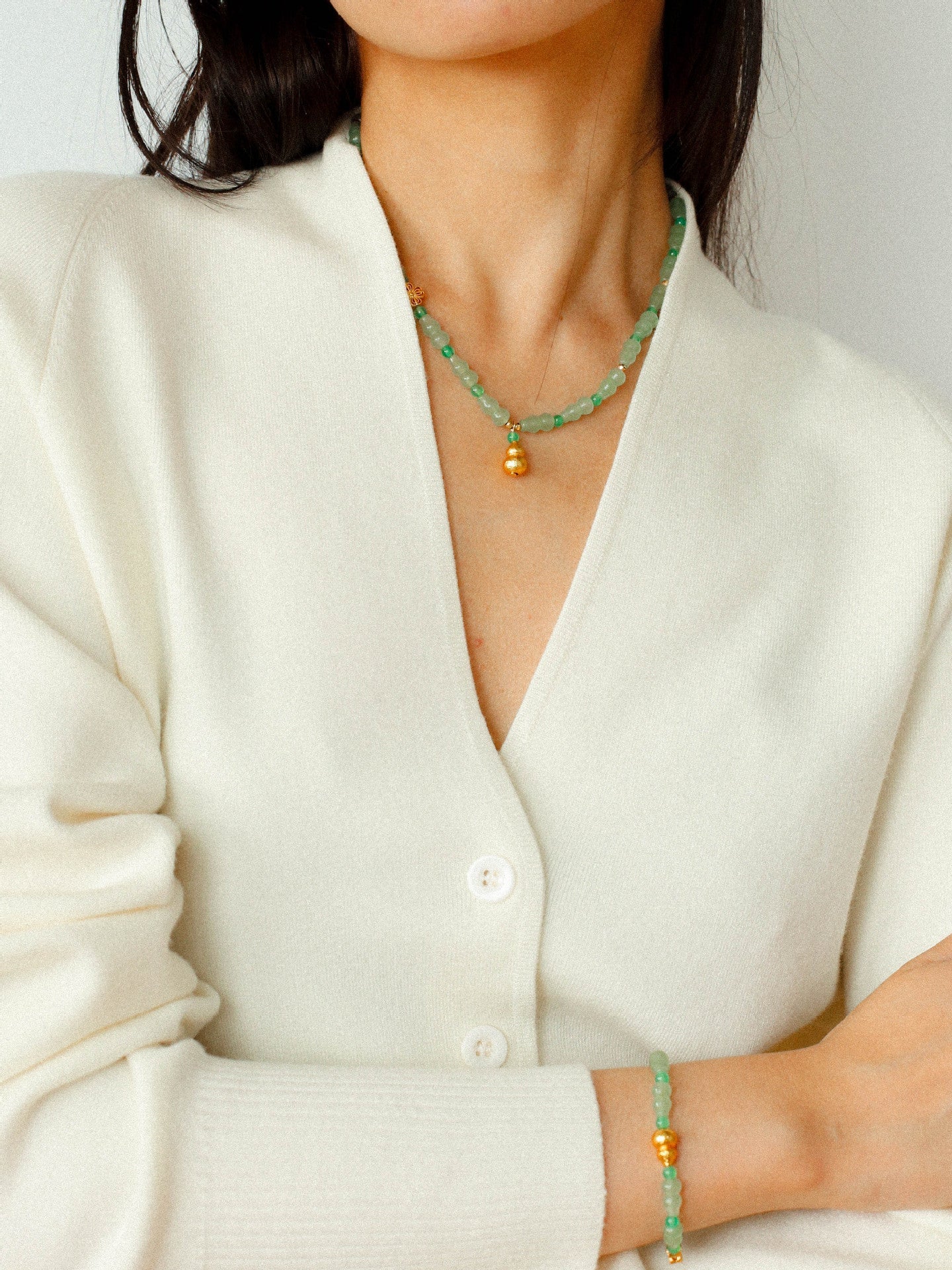 Simple Small Gourd Pendant Aventurine Beaded Necklace - floysun