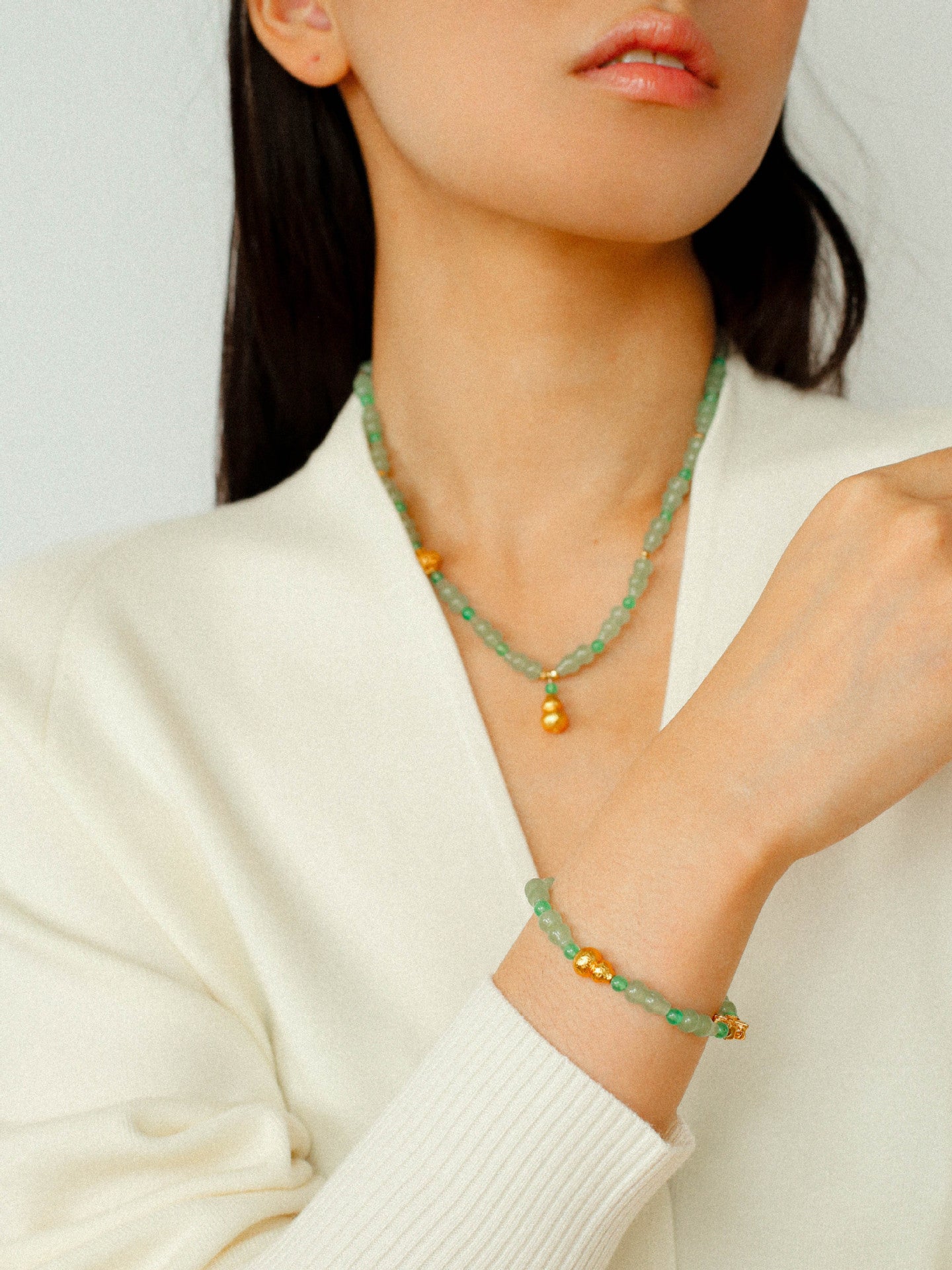 Simple Small Gourd Pendant Aventurine Beaded Necklace - floysun