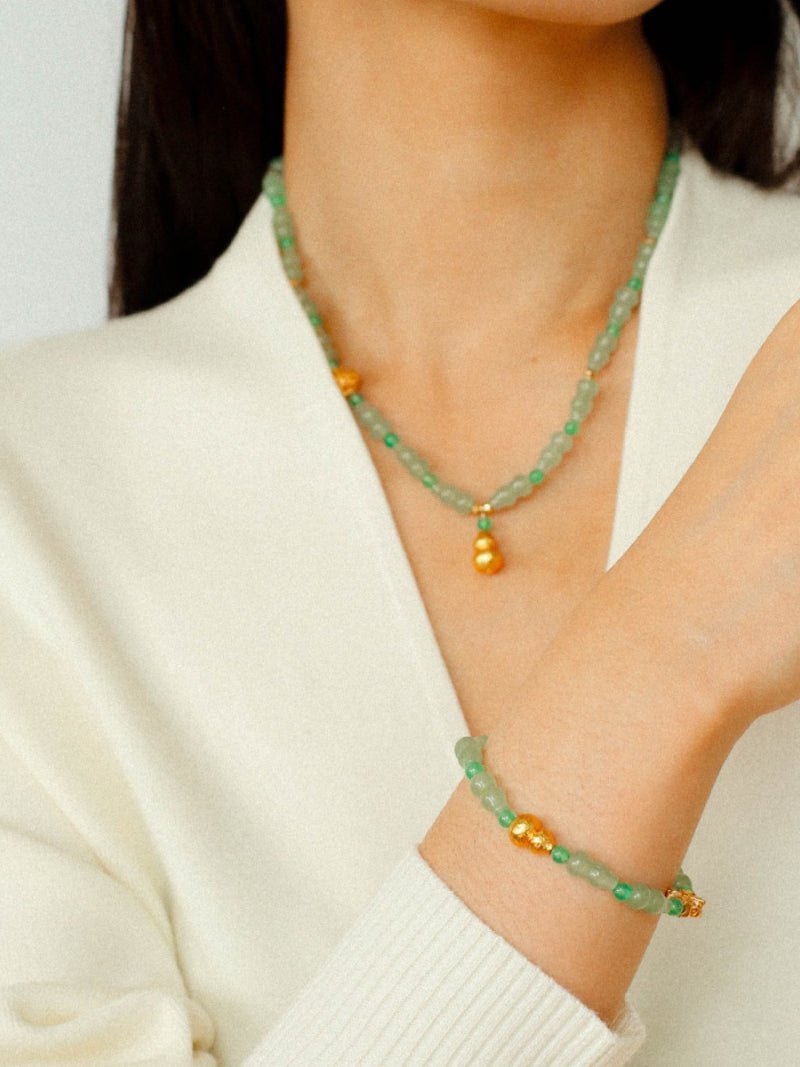 Simple Small Gourd Pendant Aventurine Beaded Necklace - floysun