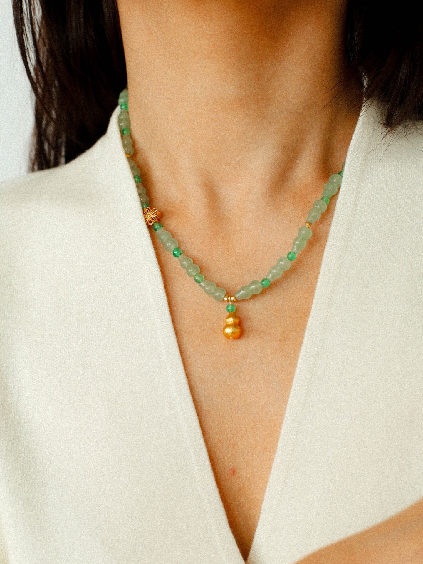 Simple Small Gourd Pendant Aventurine Beaded Necklace - floysun