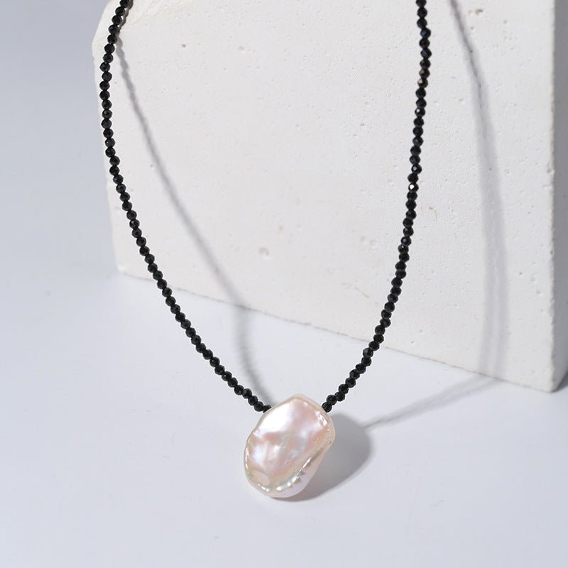 Single Large Petal Baroque Pearl Black Spinel Necklace - floysun