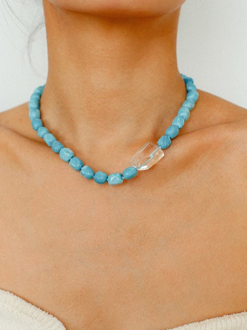 Sky Blue Stone & White Crystal Necklace - floysun