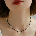 Small Petal Baroque Pearl and Black Spinel Beaded Necklace - floysun