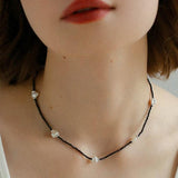 Small Petal Baroque Pearl and Black Spinel Beaded Necklace - floysun