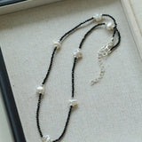 Small Petal Baroque Pearl and Black Spinel Beaded Necklace - floysun