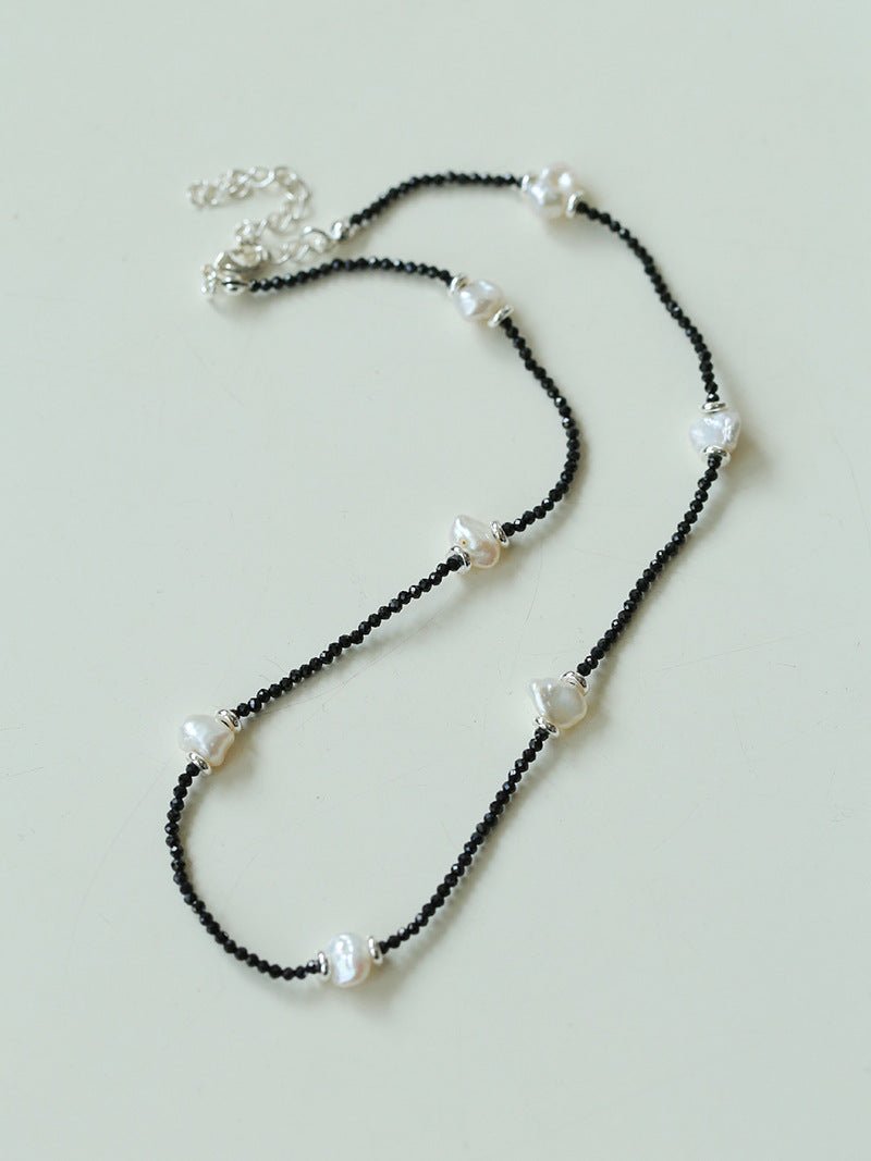 Small Petal Baroque Pearl and Black Spinel Beaded Necklace - floysun