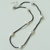 Small Petal Baroque Pearl and Black Spinel Beaded Necklace - floysun