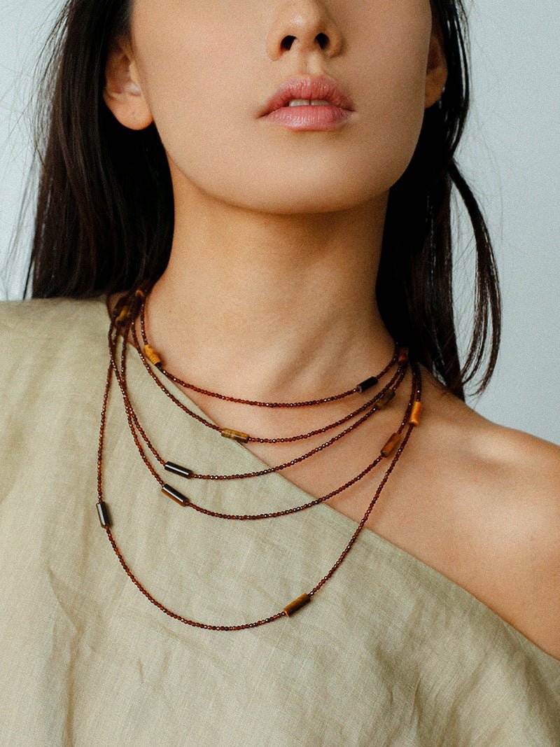 Smoky Glass & Tiger’s Eye Extra Long Beaded Necklace - floysun