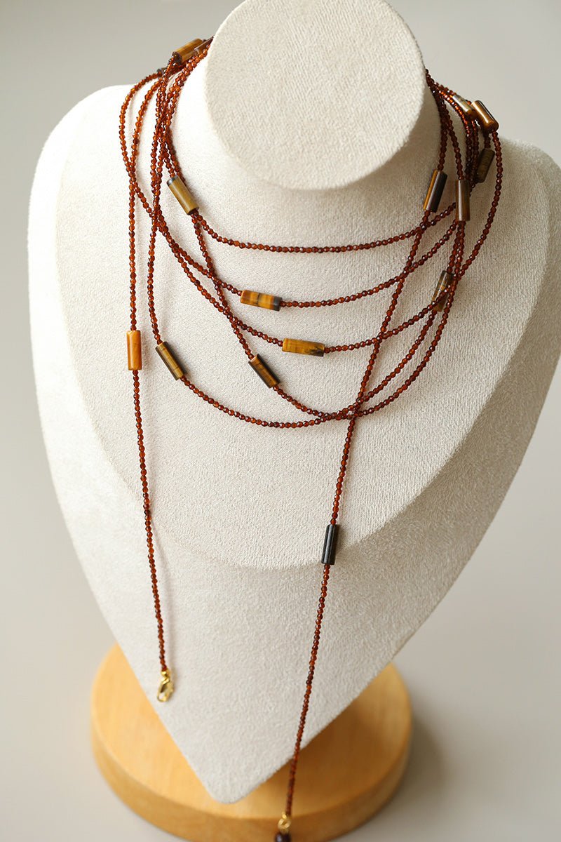 Smoky Glass & Tiger’s Eye Extra Long Beaded Necklace - floysun