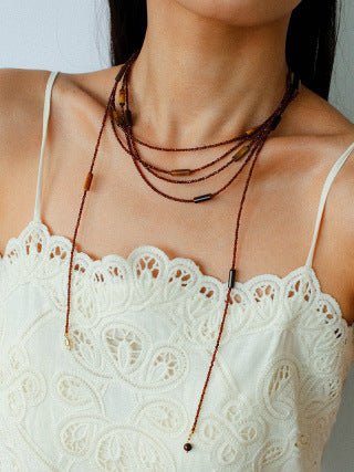 Smoky Glass & Tiger’s Eye Extra Long Beaded Necklace - floysun