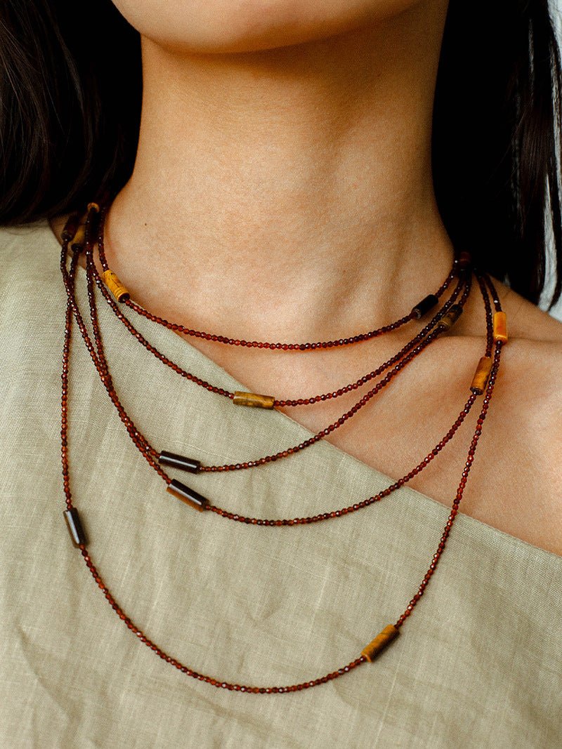 Smoky Glass & Tiger’s Eye Extra Long Beaded Necklace - floysun