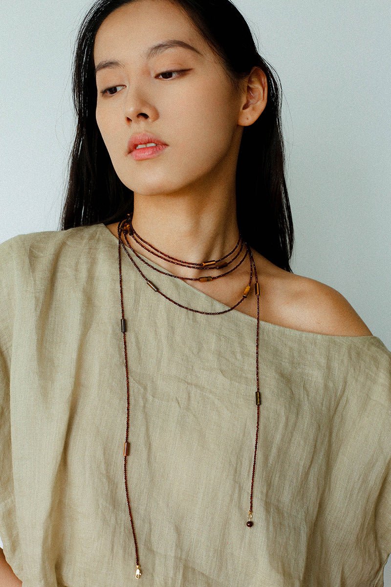 Smoky Glass & Tiger’s Eye Extra Long Beaded Necklace - floysun