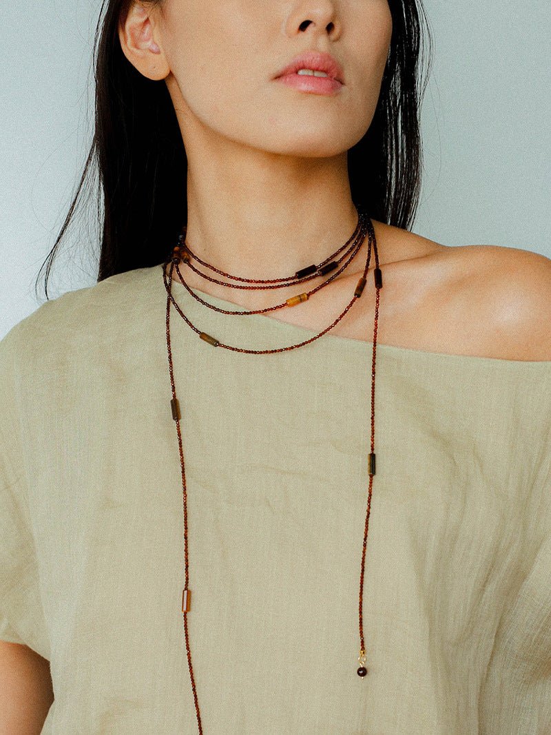 Smoky Glass & Tiger’s Eye Extra Long Beaded Necklace - floysun