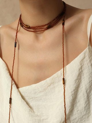 Smoky Glass & Tiger’s Eye Extra Long Beaded Necklace - floysun