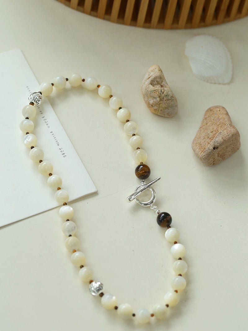 Smooth Mother of Pearls and Silver Shell Beaded OT Necklace - floysun