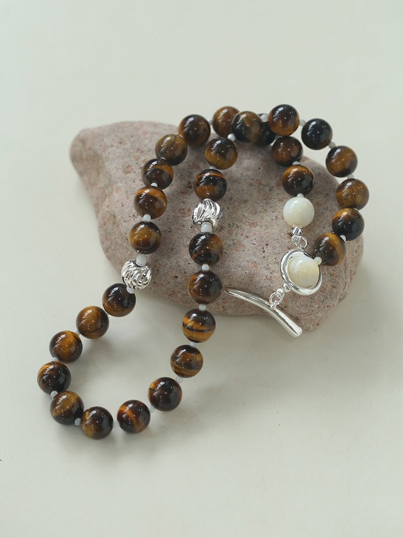 Smooth Tiger's Eye and Silver Shell Beaded OT Necklace - floysun