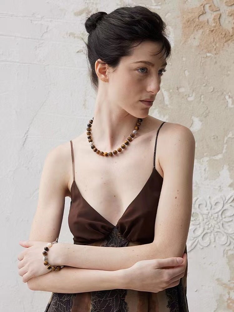 Smooth Tiger's Eye and Silver Shell Beaded OT Necklace - floysun