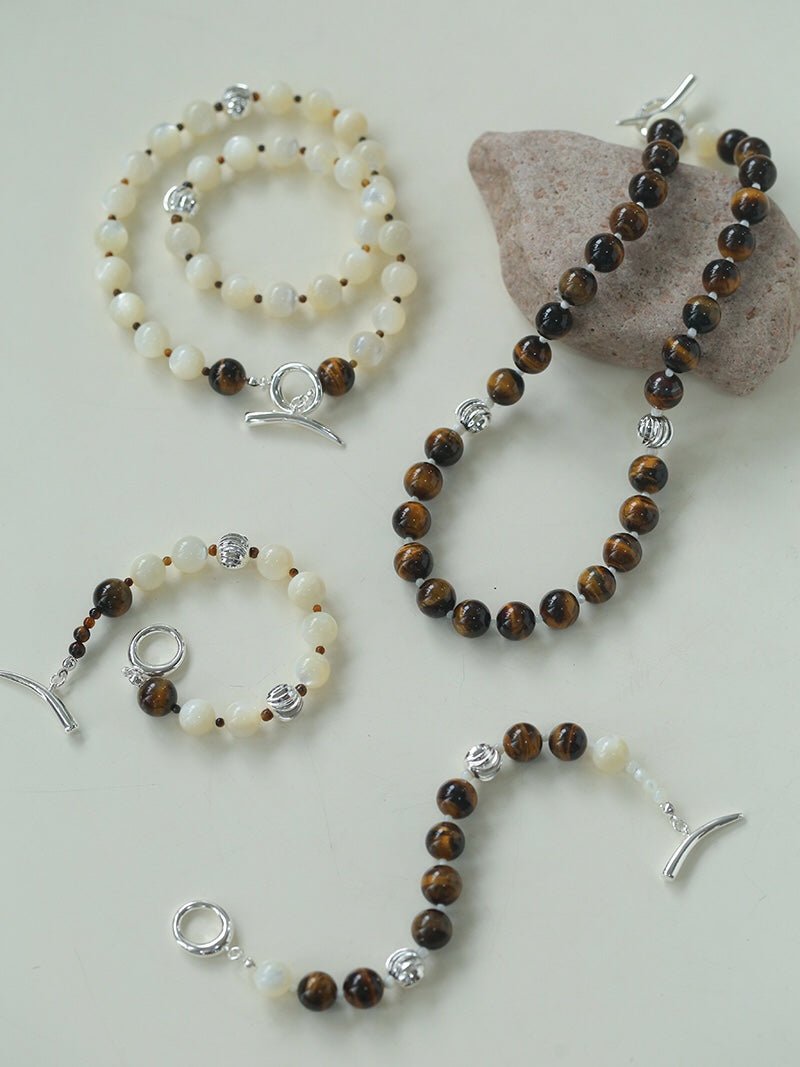 Smooth Tiger's Eye and Silver Shell Beaded OT Necklace - floysun