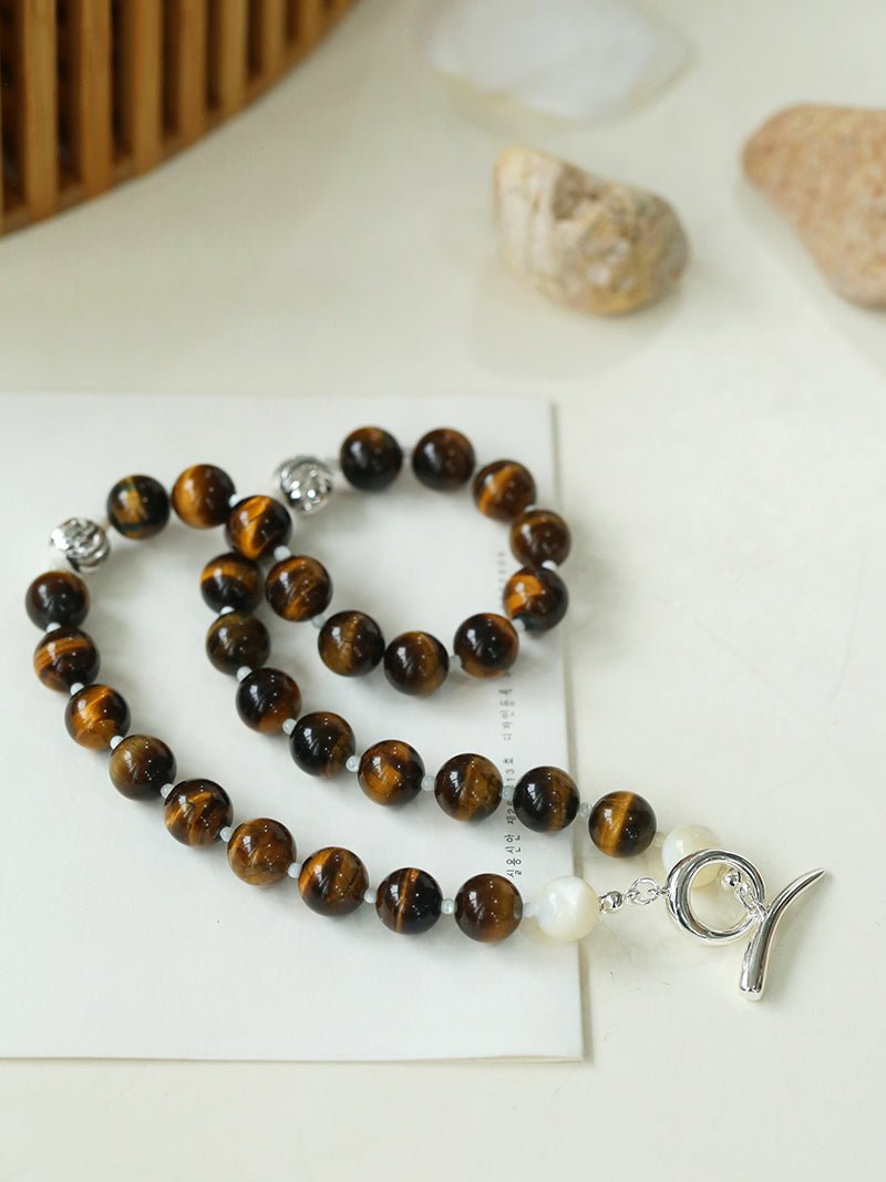 Smooth Tiger's Eye and Silver Shell Beaded OT Necklace - floysun