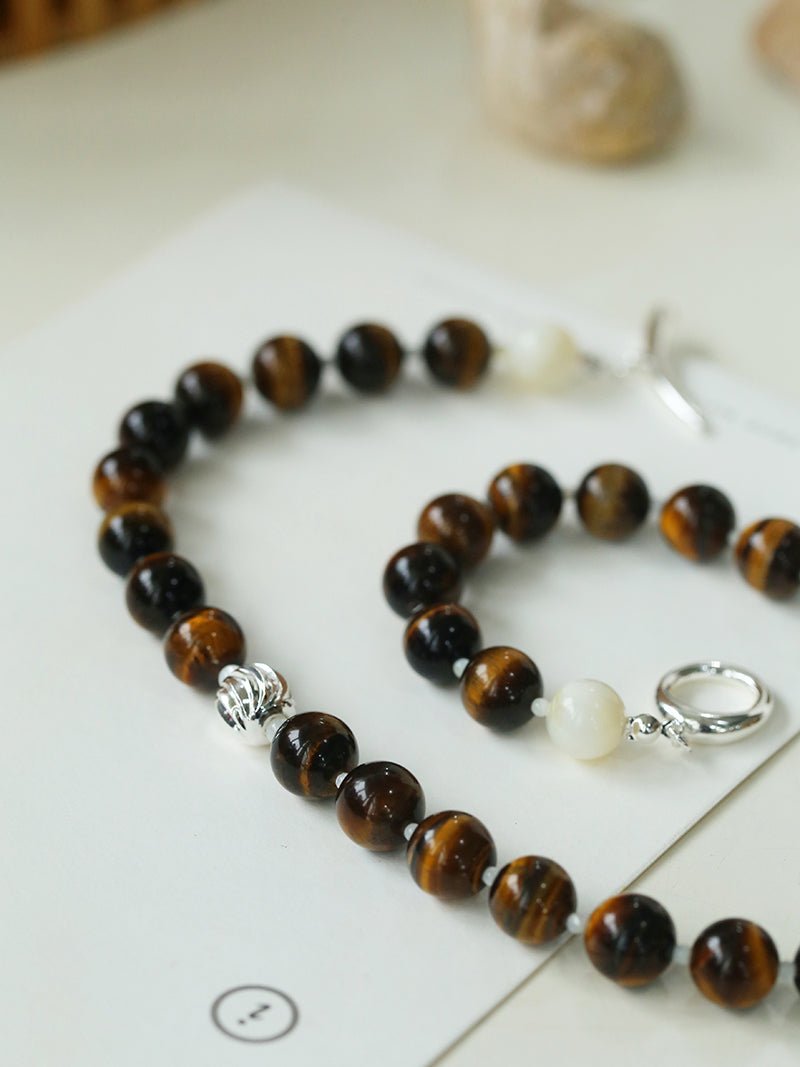 Smooth Tiger's Eye and Silver Shell Beaded OT Necklace - floysun