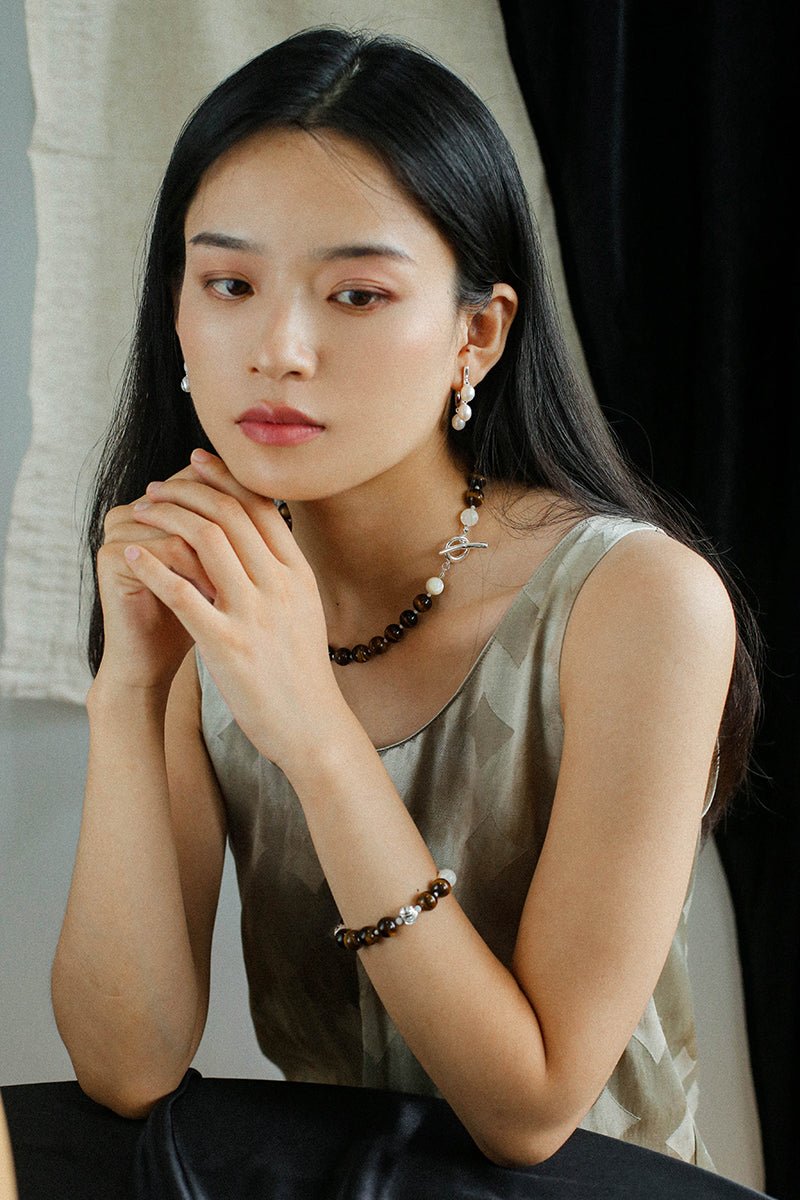 Smooth Tiger's Eye and Silver Shell Beaded OT Necklace - floysun