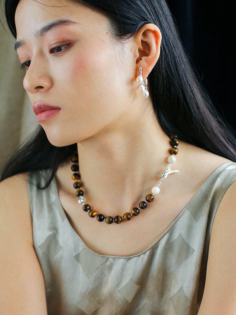 Smooth Tiger's Eye and Silver Shell Beaded OT Necklace - floysun