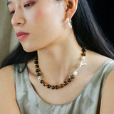 Smooth Tiger's Eye and Silver Shell Beaded OT Necklace - floysun