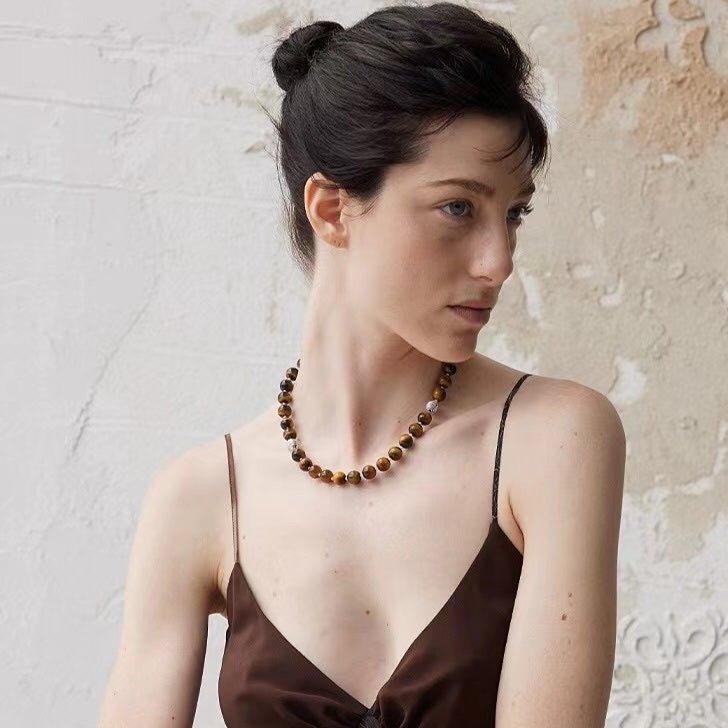 Smooth Tiger's Eye and Silver Shell Beaded OT Necklace - floysun