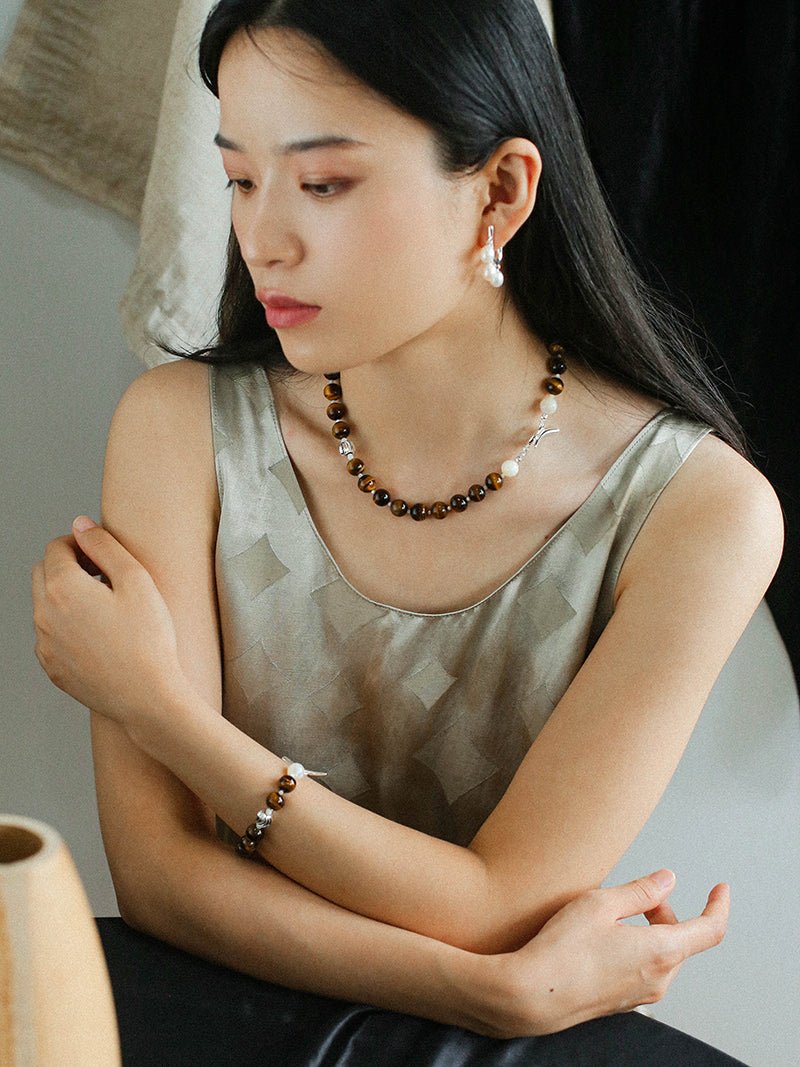 Smooth Tiger's Eye and Silver Shell Beaded OT Necklace - floysun