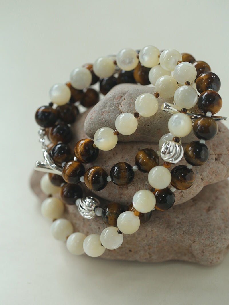 Smooth Tiger's Eye and Silver Shell Beaded OT Necklace - floysun