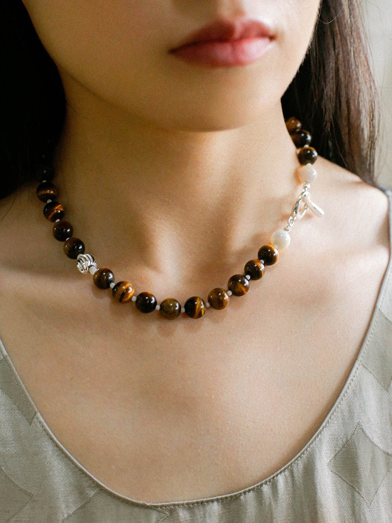 Smooth Tiger's Eye and Silver Shell Beaded OT Necklace - floysun