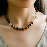 Smooth Tiger's Eye and Silver Shell Beaded OT Necklace - floysun
