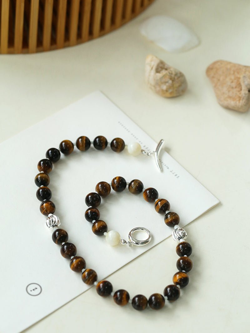 Smooth Tiger's Eye and Silver Shell Beaded OT Necklace - floysun