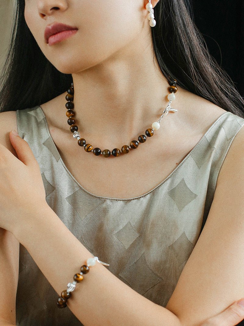 Smooth Tiger's Eye and Silver Shell Beaded OT Necklace - floysun