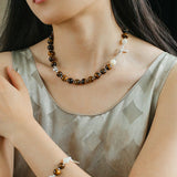 Smooth Tiger's Eye and Silver Shell Beaded OT Necklace - floysun