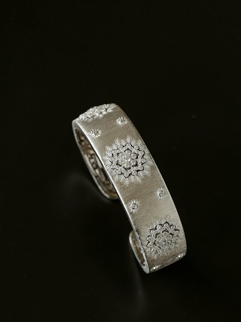 Snowflake - Embellished Wide Cuff Bracelet – Brushed Silver - floysun