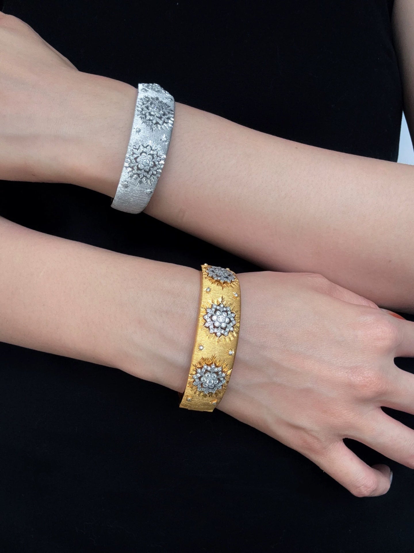 Snowflake - Embellished Wide Cuff Bracelet – Brushed Silver - floysun